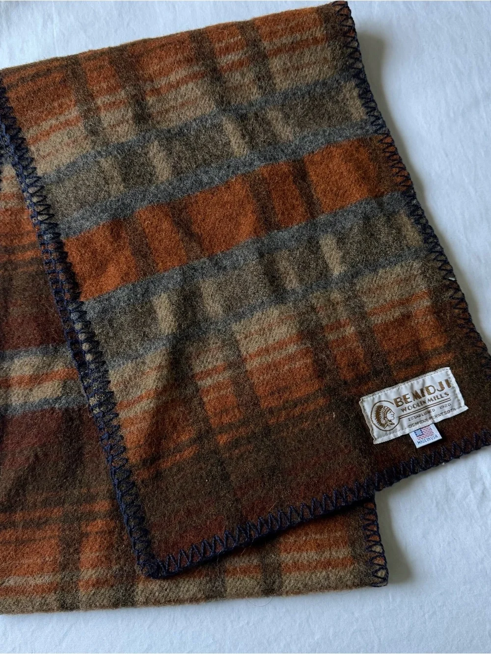 Vintage Bemidji Woolen Mills Wool Scarf Brown Plaid Blanket Stitch USA 60x10